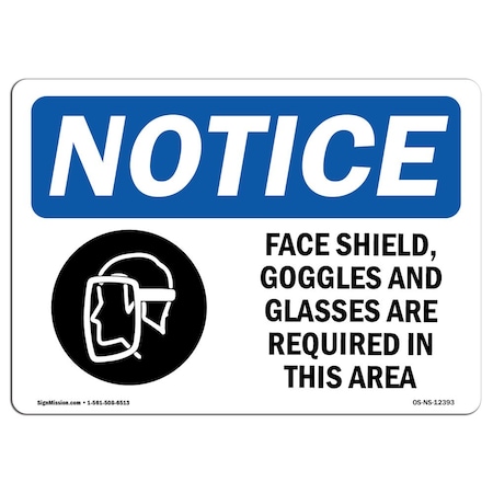 OSHA Notice Sign, Face Shields Goggles And Glasses With Symbol, 24in X 18in Aluminum